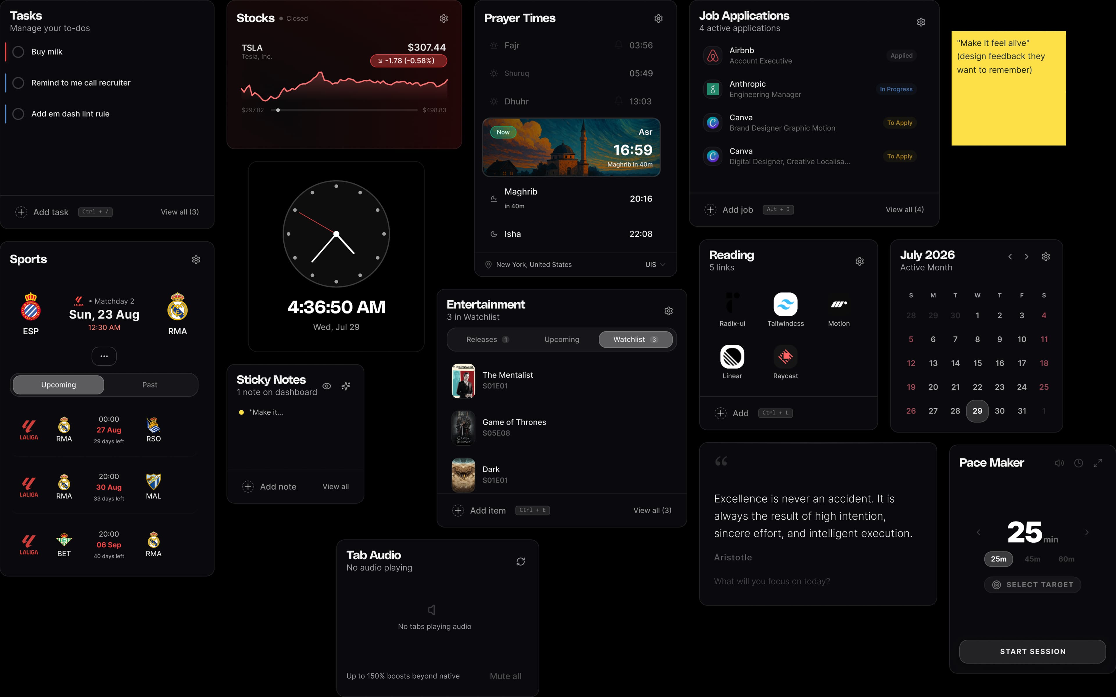 A Weft dashboard with Tasks, Stocks, Prayer Times, Job Applications, Sports, Sticky Notes, Entertainment, Reading, Calendar and Pace Maker widgets arranged on the new tab page.